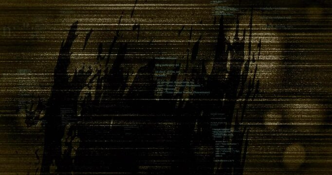 Grainy frame initiating scan lines overlaying code as streaks merging into glitch simulating error