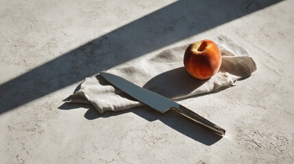 Overhead minimalist setup with single peach, napkin, and knife on sun-washed surface