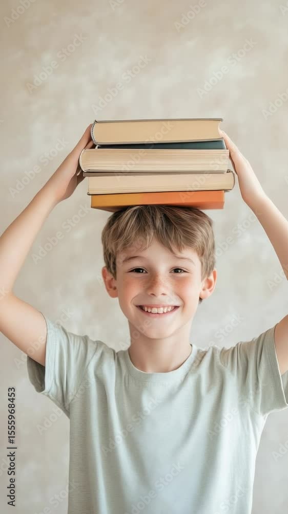 Poster happy pupil balancing a stack of books on his head, smiling brightly, embracing the excitement of th