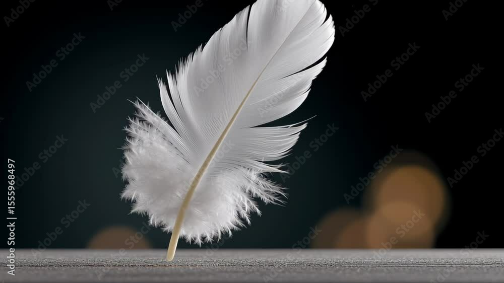 Poster white feather delicately balanced on a wooden surface, showcasing its soft texture and intricate det