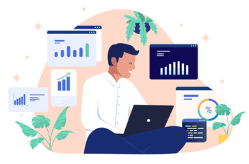 Happy man working on a laptop, smiling at the screen while surrounded by various business data charts and graphs, representing financial analysis or business intelligence. Flat design illustration