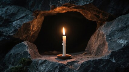 Naklejka premium A lone candle flickers in a stone niche, casting a warm glow against the dark rock, creating a calming and mysterious atmosphere, perfect for meditation or reflection