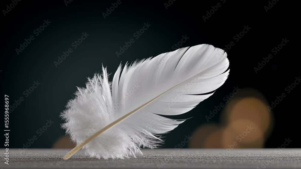 Poster delicate white feather resting on a smooth surface, showcasing intricate details and soft textures, 