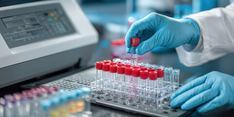 Precision Lab Work: Gloved Hands Handle Test Tubes with Red Caps, Essential for Medical Diagnostics and Scientific Research.