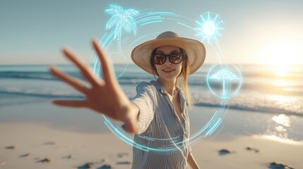 Fototapeta premium woman in summer outfit reaching toward glowing digital travel icons on a tropical beach. Bright ocean scene with sun, sand, and blue sky—perfect for summer vacation, travel, and getaway themes.
