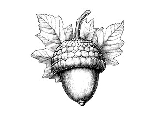 Vintage acorn sketch in autumn style, forest hand-drawn black ink illustration, antique nature decor, old engraving artwork, rustic seasonal botanical design, woodland ornament © Vintage studio