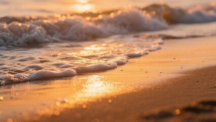 Golden Sunset Kissing the Shoreline: Gentle Waves Sparkling with Sunlight at Dusk, a Serene Coastal Scene, Ideal for Relaxation and Peaceful Contemplation, Perfect for Nature Documentaries