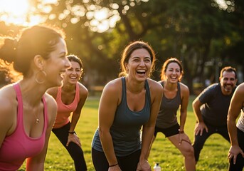 Happy group of diverse friends in athletic wear laughing together during an outdoor fitness class in a park at sunset.