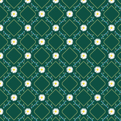 A seamless floral pattern featuring white daisies and brown vines arranged in an elegant diamond lattice design.