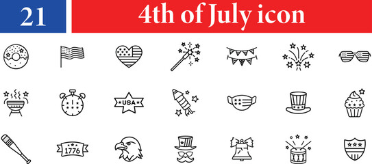 Collection of 21 American independence day icons including fireworks flags and patriotic symbols isolated on transparent background, 4th of July concept
