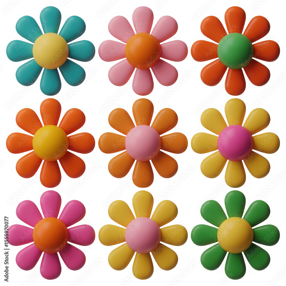Poster collection of nine colorful retro style flowers with rounded petals and circular centers isolated on