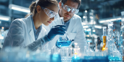 Collaborative Scientific Breakthroughs: Two Scientists Examine a Blue Liquid in a Flask, Advancing Medical and Chemical Research.