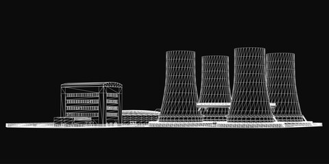 A black and white drawing of a nuclear power plant with tall, distinct towers arranged symmetrically against a dark background. The central tower is the tallest, flanked by smaller structures © German Ovchinnikov