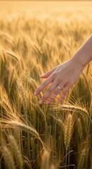 A woman's hand gently touches golden wheat ears in a sunlit field, symbolizing nature, beauty, and connection to the earth, showcasing a delicate moment of peace and tranquility