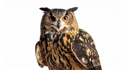 Naklejka premium Majestic Eurasian Eagle Owl Portrait with Intense Gaze on White Backdrop