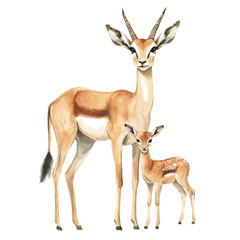 A Mother Gazelle With Her Kid, watercolor painting vector, isolated on a white background.