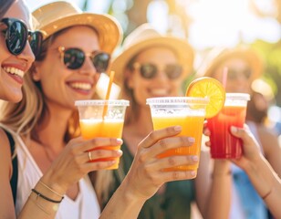 Fototapeta premium Friends Enjoying Refreshing Fruit Juices at Summer Festival