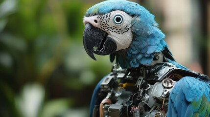 Fototapeta premium Blue parrot robot, robotic bird, tech