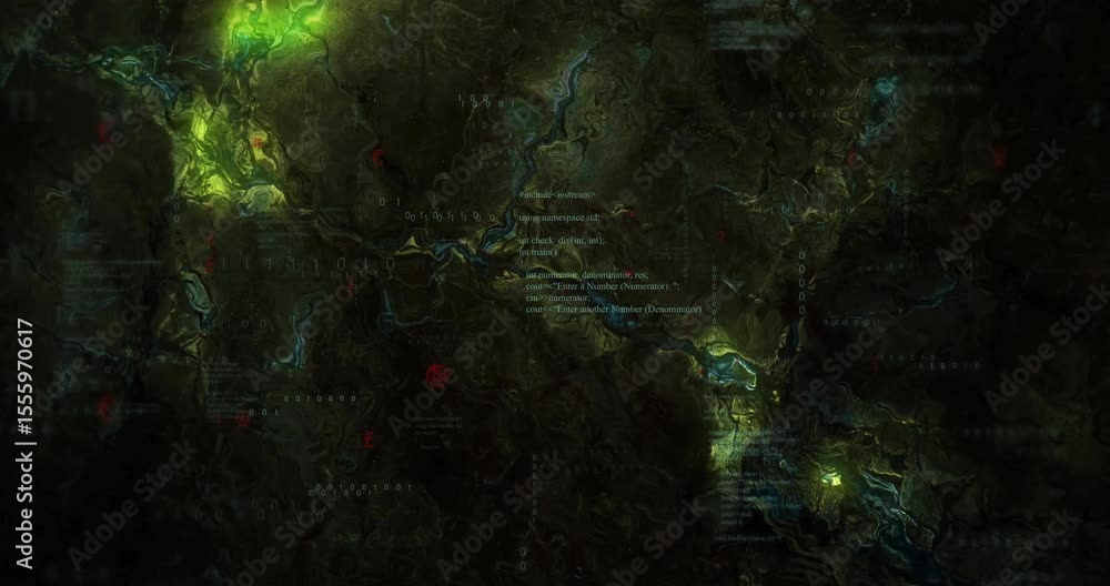 Poster upon terrain emerging, 3d-rendered data map forming clusters, scrolling code showing data network