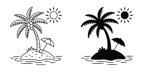A minimalist black and white illustration of two tropical island
