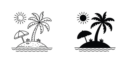 A minimalist black and white illustration of two tropical island