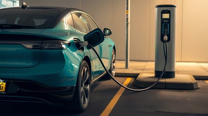 Power supply connected to electric vehicle charge battery. EV charging station for electric or Plug-in hybrid car with clean energy. Automotive innovation and green technology concepts