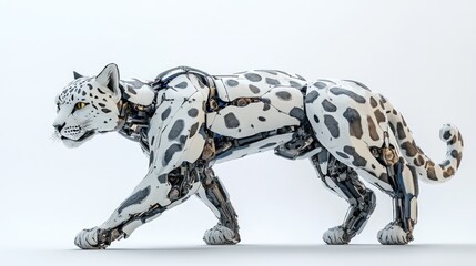 Metallic white snow leopard robot walks