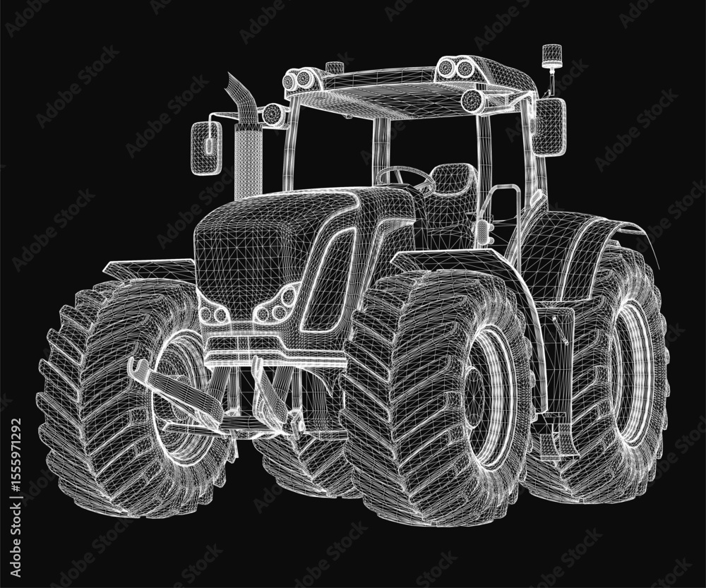 Aufkleber a 3d wireframe tractor rendered in realistic style with detailed lines and curves, set against a sta