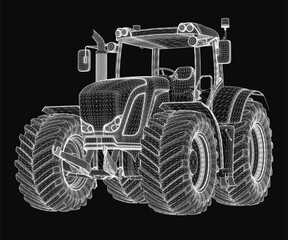A 3D wireframe tractor rendered in realistic style with detailed lines and curves, set against a stark black background. The white model stands out prominently, showcasing lifelike precision © German Ovchinnikov