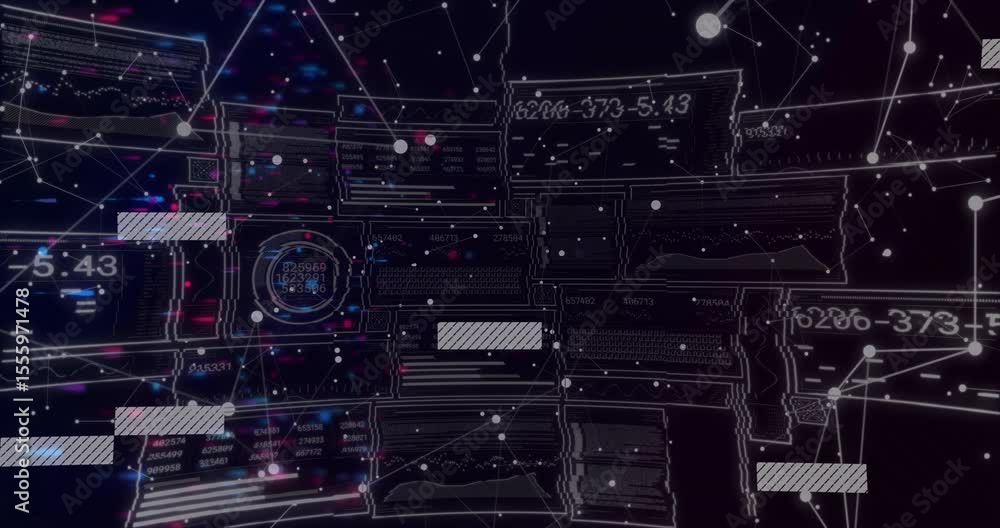 Poster data nodes emerging in dark void starting grid, sliding labels updating numbers for visualization