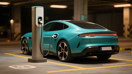 Power supply connected to electric vehicle charge battery. EV charging station for electric car or Plug-in hybrid car. Renewable automotive innovation and technology concepts