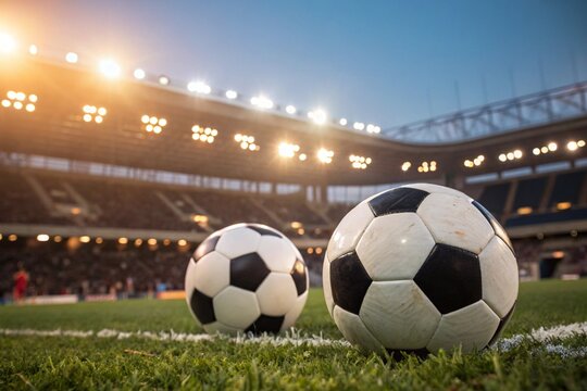 Two footballs on stadium field under night lights. Ideal for sports betting, analytics, match preview, league data, team strategy, and online competition themes.