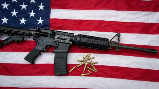 A firearm positioned atop an American flag with several bullets placed around it. The background evokes a sense of patriotism and reflects gun culture, highlighting themes of rights and identity