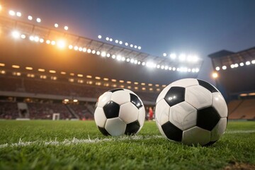 Two footballs on stadium field under night lights. Ideal for sports betting, analytics, match preview, league data, team strategy, and online competition themes.