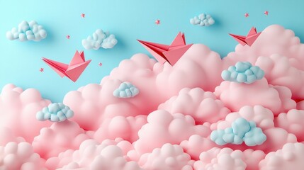 Pink and blue cloudscape with paper airplanes