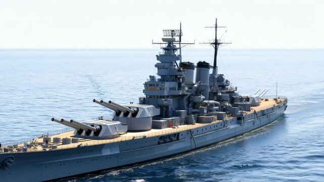 Large battleship glides effortlessly through the tranquil sea. The vessel features impressive turrets and is set against a clear blue sky during midday
