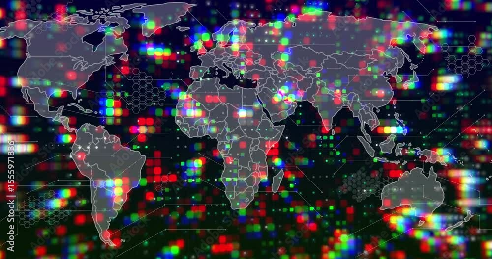 Poster map outline appearing triggers grid forming, nodes glowing, lines fanning, visualizing network