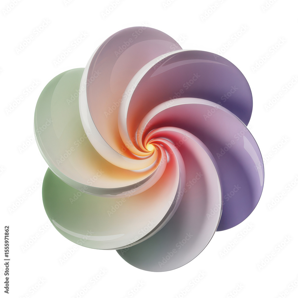 Poster abstract swirling geometric shape with smooth glossy petals transitioning through a spectrum of past