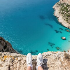 Breathtaking view from a cliff edge with white sneakers looking down at the turquoise sea and cove, a perfect travel and adventure scene for inspiring wanderlust