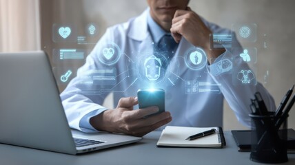 Doctor utilizing futuristic medical mobile application for patient information access