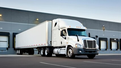 A freight truck backs into a loading dock at a warehouse for unloading cargo. The clear sky reflects the busy logistics and distribution activity in the urban area - Powered by Adobe