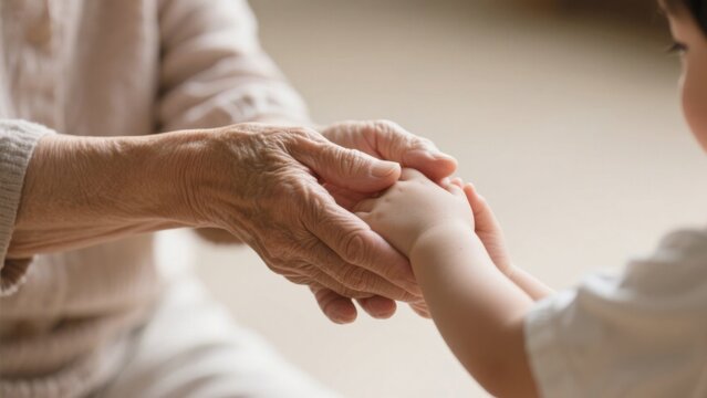 Close-up of an elderly woman's wrinkled hands gently holding a small child's hand, symbolizing love, family, and intergenerational connection, with a soft, warm color palette.