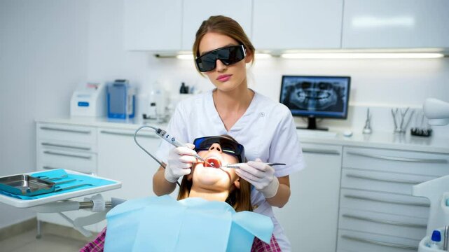 A dental professional conducts a thorough oral examination and treatment for a patient in a well-equipped dental clinic. The atmosphere is calm and focused - Powered by Adobe