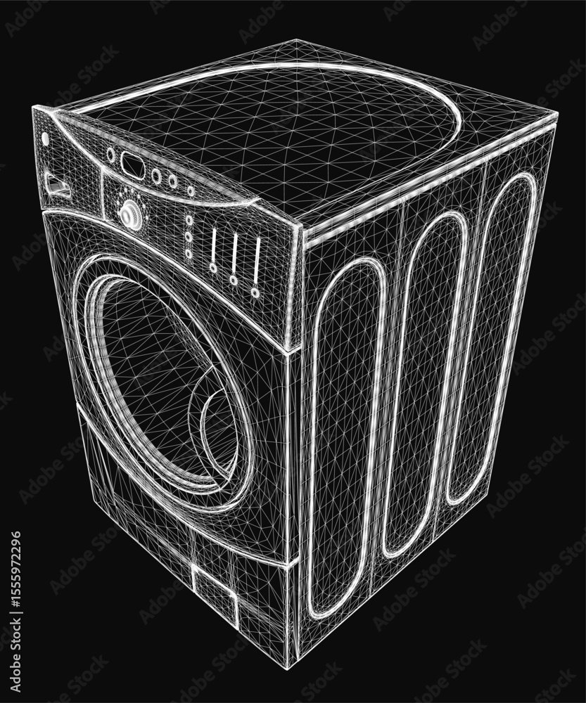 Aufkleber 3d wireframe model of a washing machine on a sleek black background, showcasing realistic details an