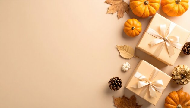Autumn gift giving celebration cozy indoor setting decorative presents and natural elements warm ambiance overhead viewpoint fall themes for seasonal cheer