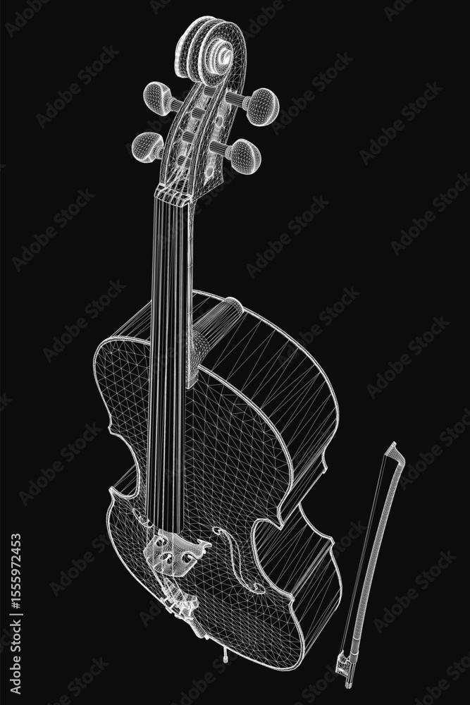 Poster a 3d wireframe model of a cello stands out against a sleek black background, showcasing intricate de
