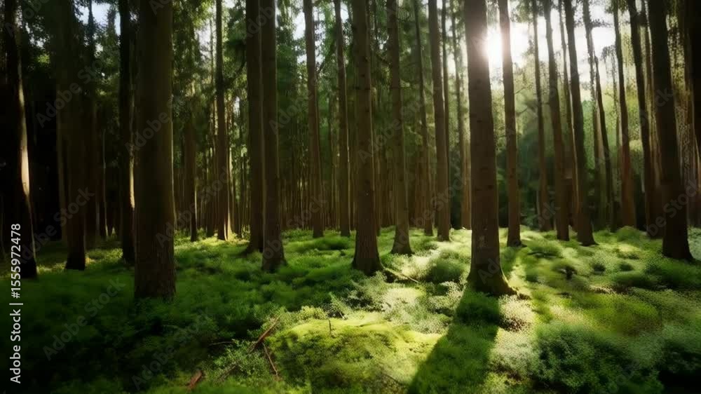 Poster sunlight filtering through the trees in a serene forest with green moss covered ground, creating an 