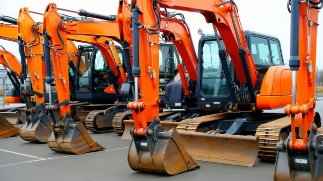 An array of bright orange construction excavators parked in a neat row at an industrial site during early morning hours. The machines are ready for use in upcoming projects
