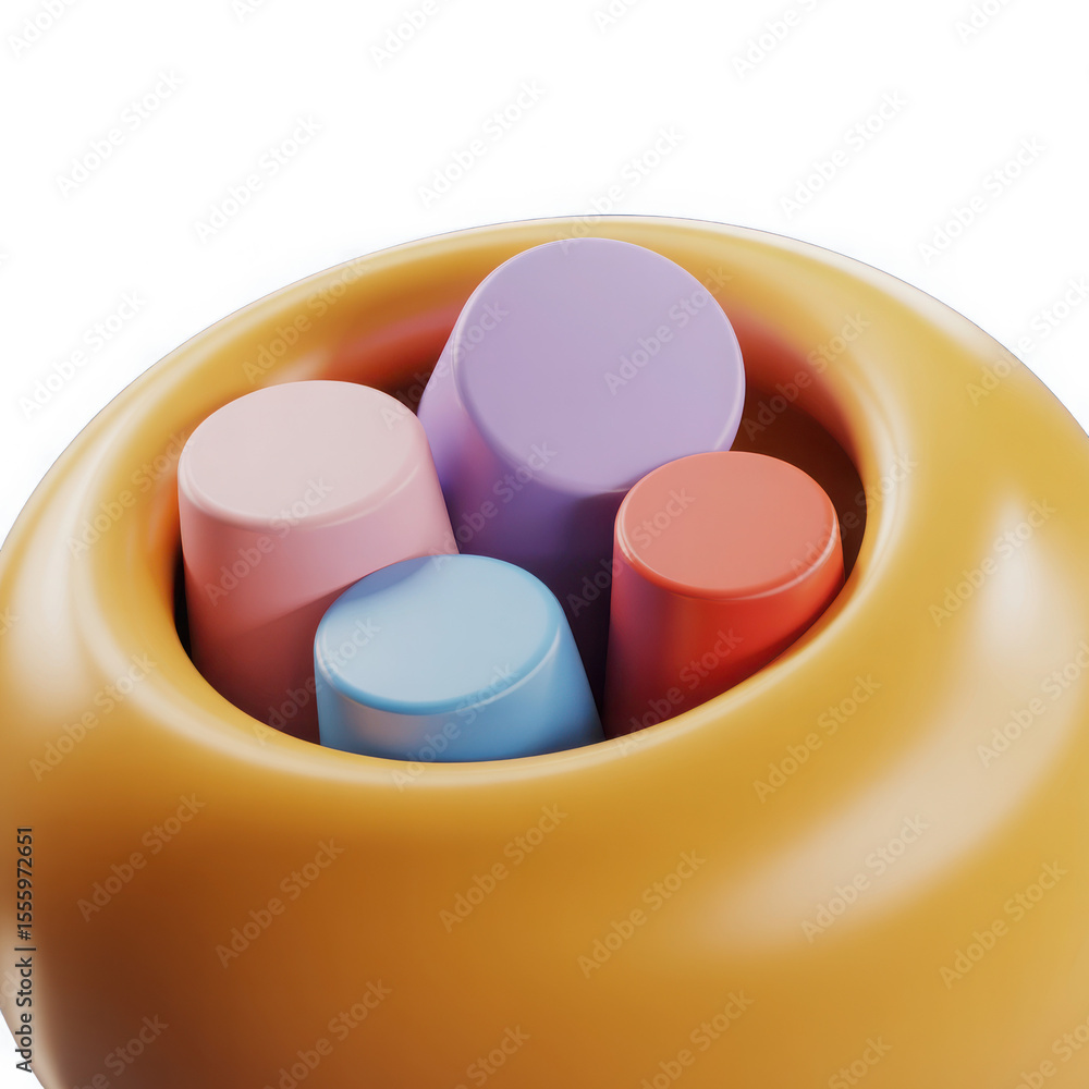 Poster a playful arrangement of colorful cylindrical shapes nestled within a smooth glossy yellow container