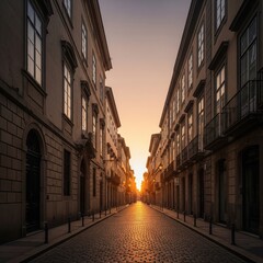 Naklejka premium Golden Hour in Porto: A Serene Walk Down a Historic Cobblestone Street Bathed in Warm Sunset Light, Architectural Details and Tranquil Atmosphere, Portugal